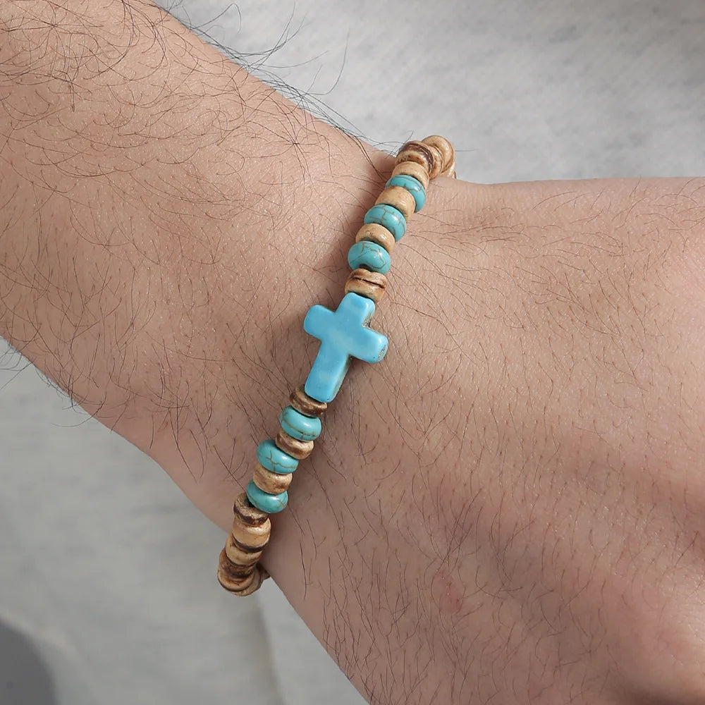 Bohemian Spirit: Handmade Coconut Shell &amp; Wood Cross Bracelet