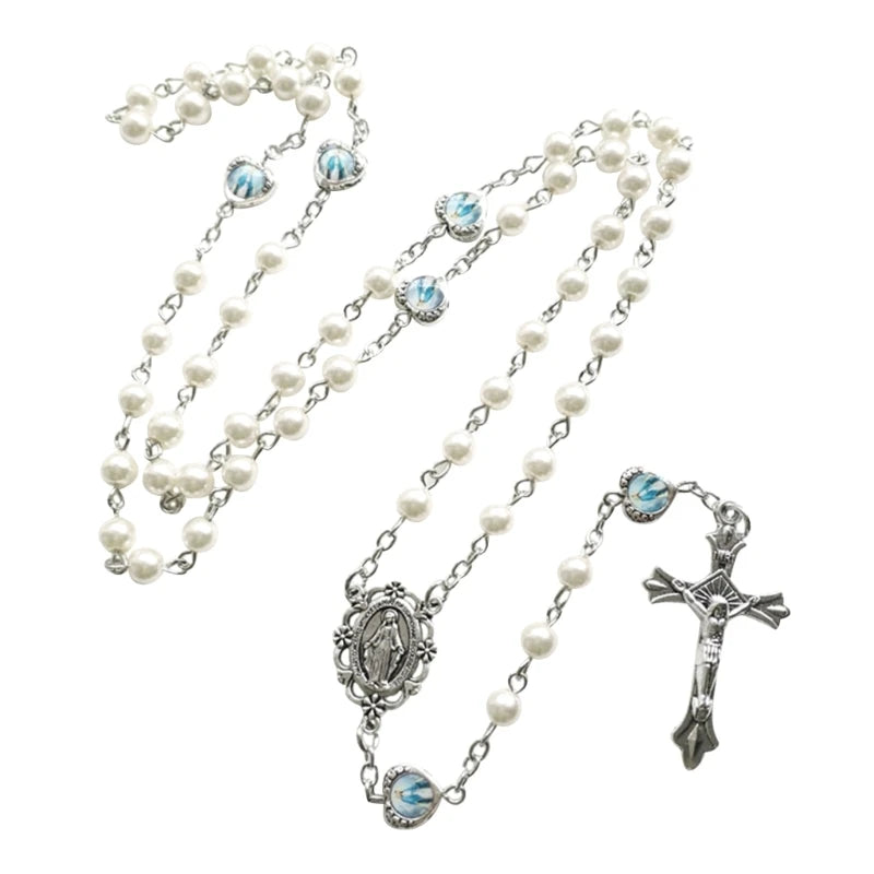Classic Devotion: Long Pink Pearl Rosary Beads Catholic Necklace
