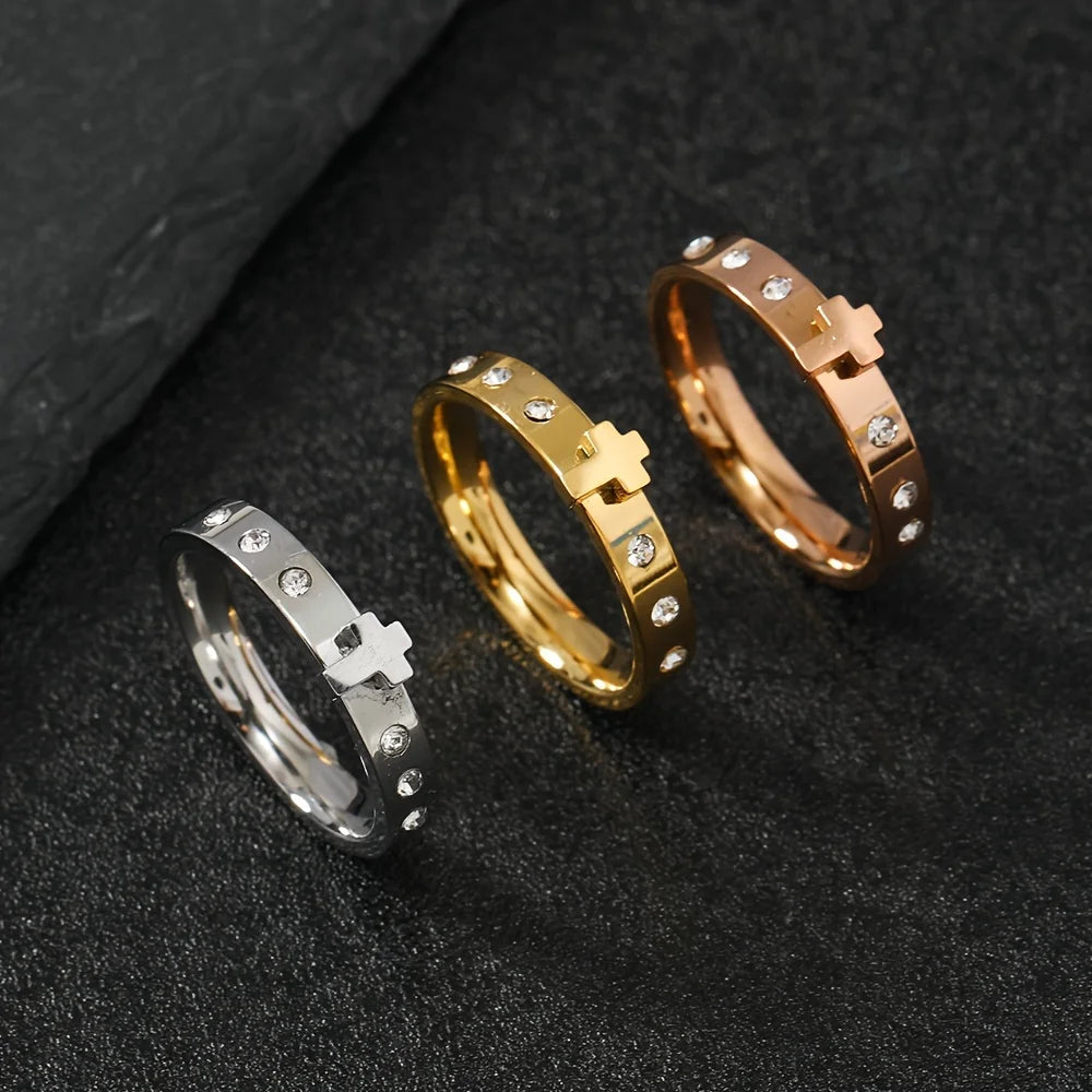Eternal Sparkle: Inlaid Zircon Cross Band Ring –  Stainless Steel