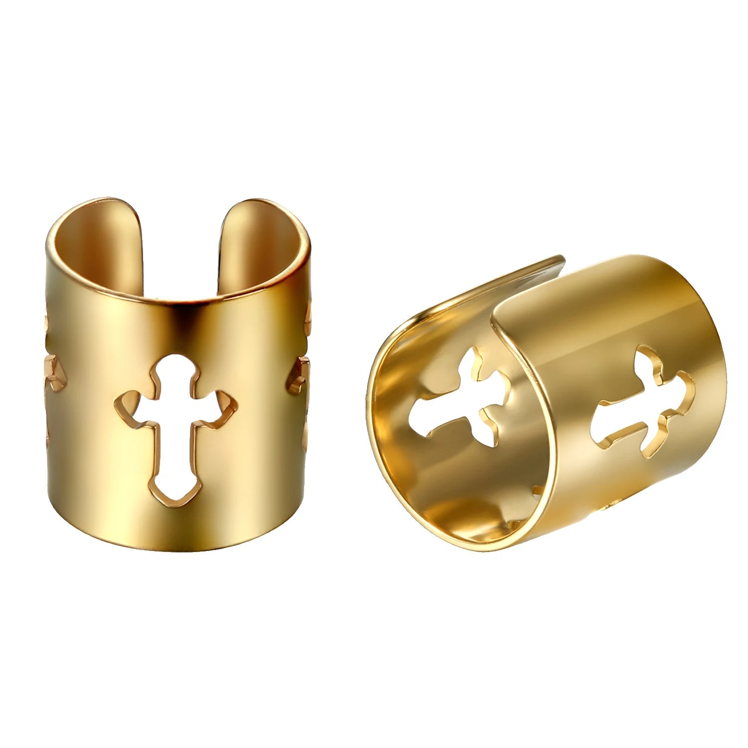 Gold cuff bracelets with cut-out cross designs on a white background