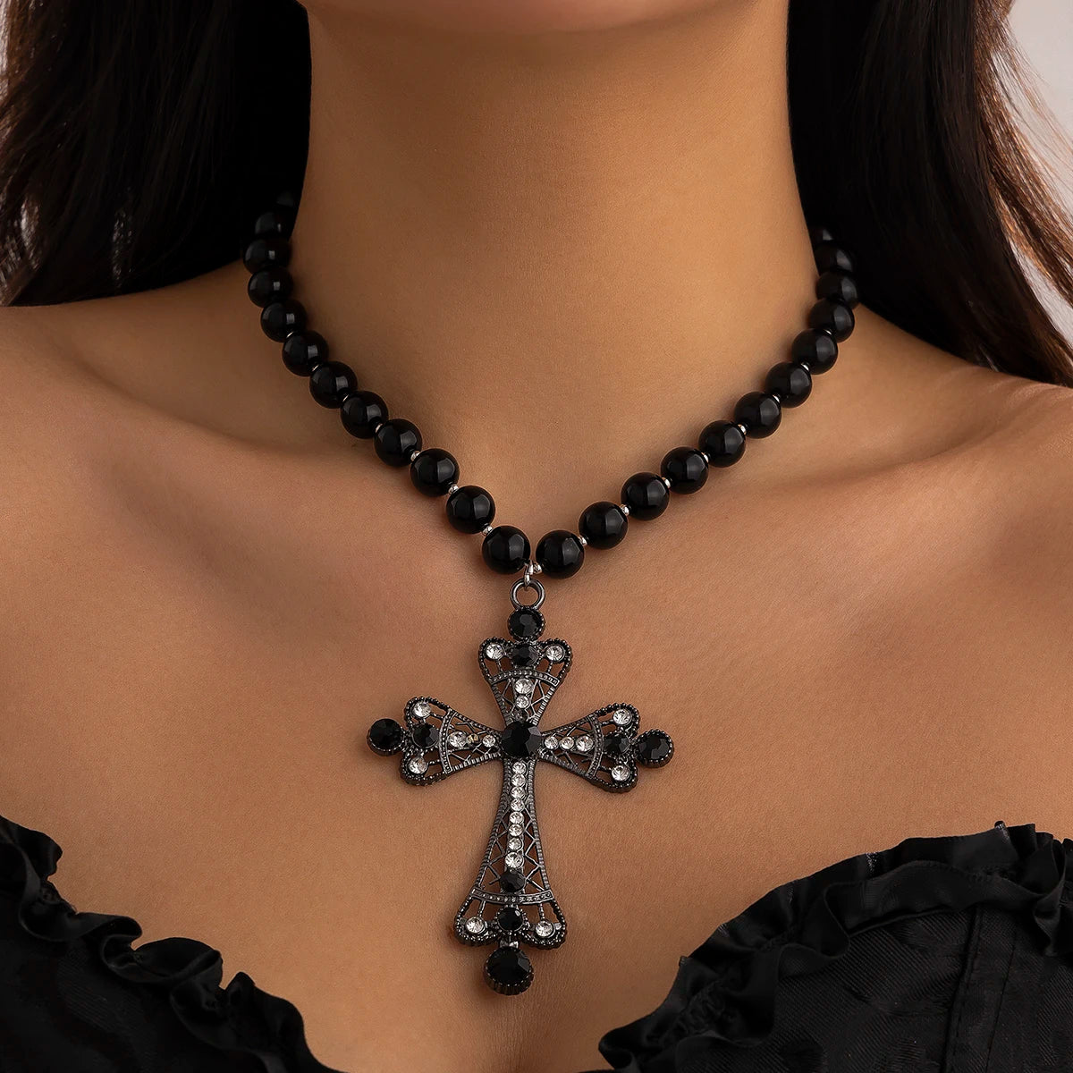 IngeSight.Z Trend Goth Large Cross Pendant Necklace Elegant Charming Imitation Pearl Woman Choker Y2K Neck Jewelry Accessories