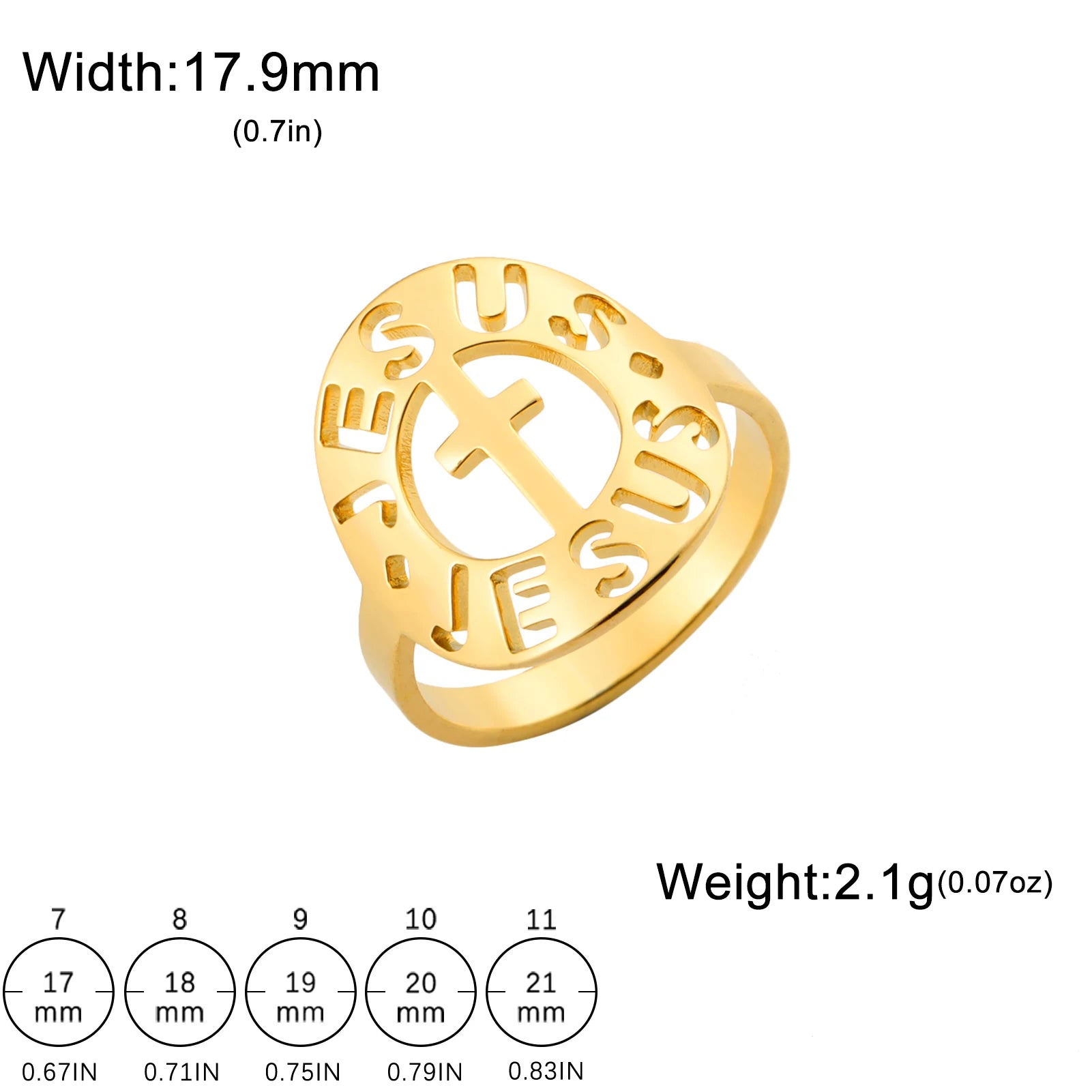 Gold ring with 'Jesus' text and measurements on a white background