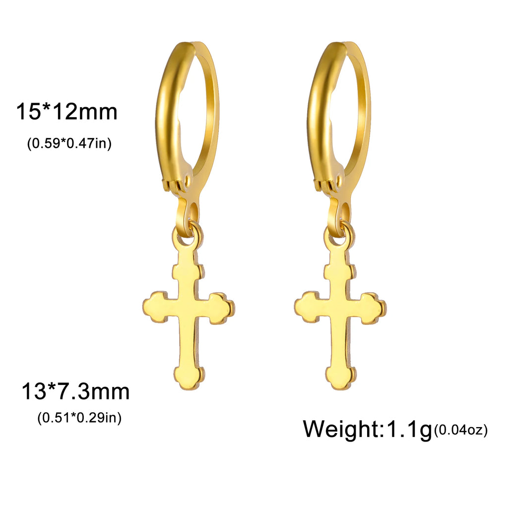 Gold hoop earrings with cross pendants and measurements on a white background