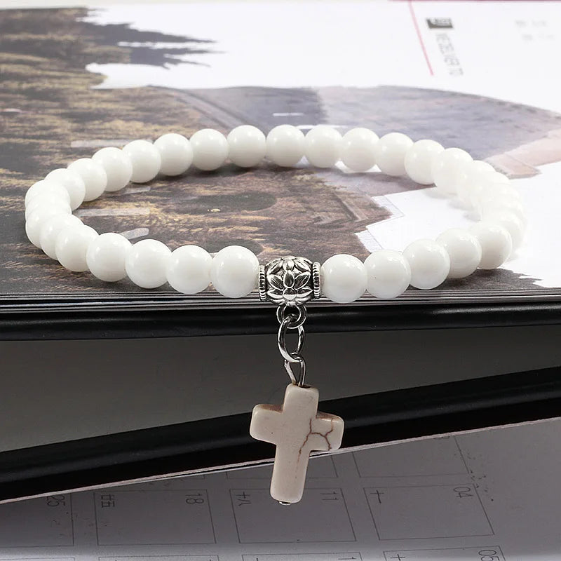 Earthy Vibes: Vintage Cross Natural Stone Beaded Bracelet