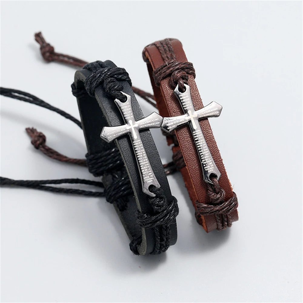Retro Punk: Cross Faith Bracelet – Braided Leather Adjustable Cuff