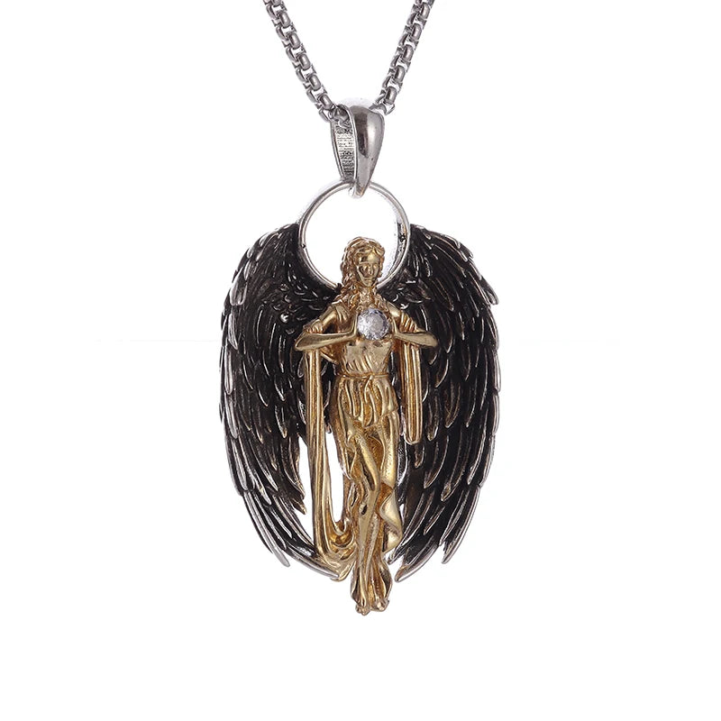 Angel pendant with wings on a chain against a white background