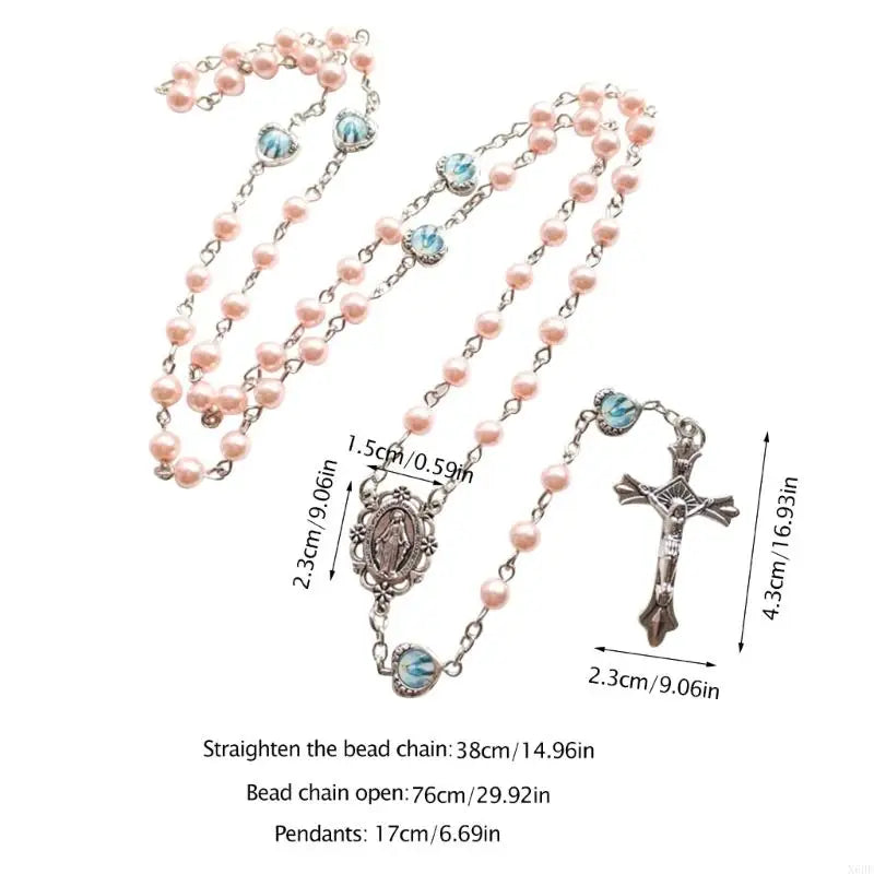 Rosary with pink beads and measurements on a white background