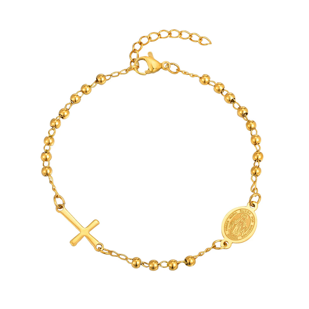 Divine Devotion: Rosary Bracelet with Virgin Mary & Cross – Stainless Steel