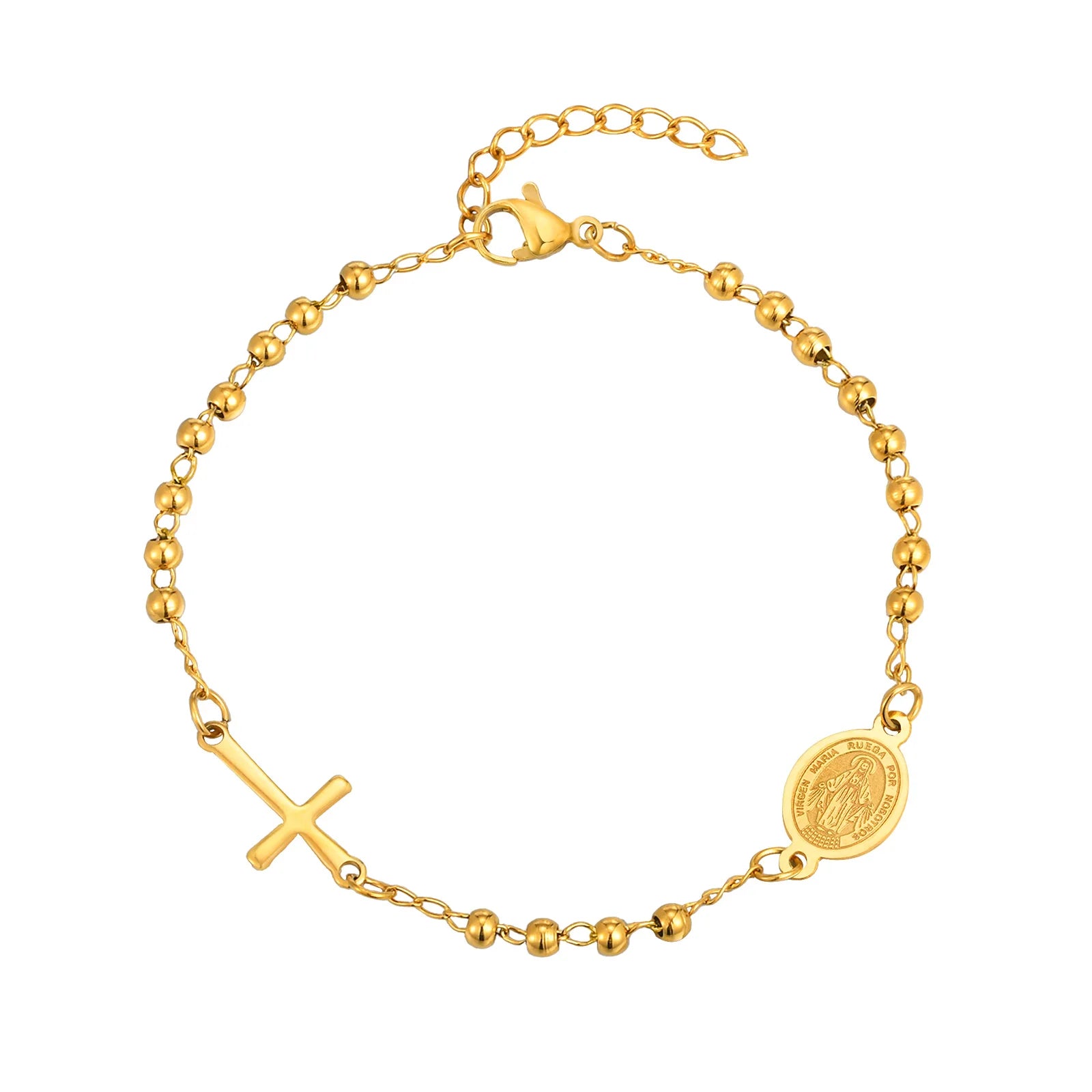 Divine Devotion: Rosary Bracelet with Virgin Mary & Cross – Stainless Steel