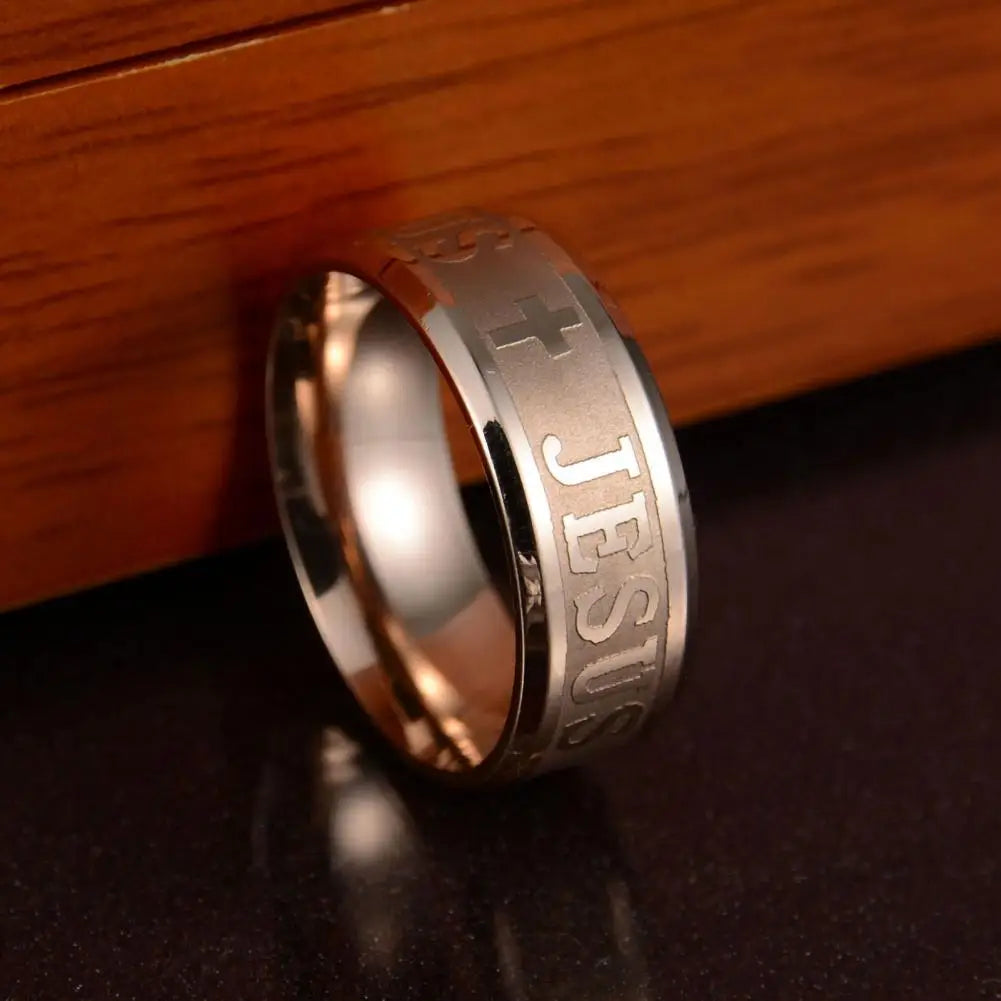 Enduring Word: Engraved 'JESUS' Cross Band Ring – Stainless Steel
