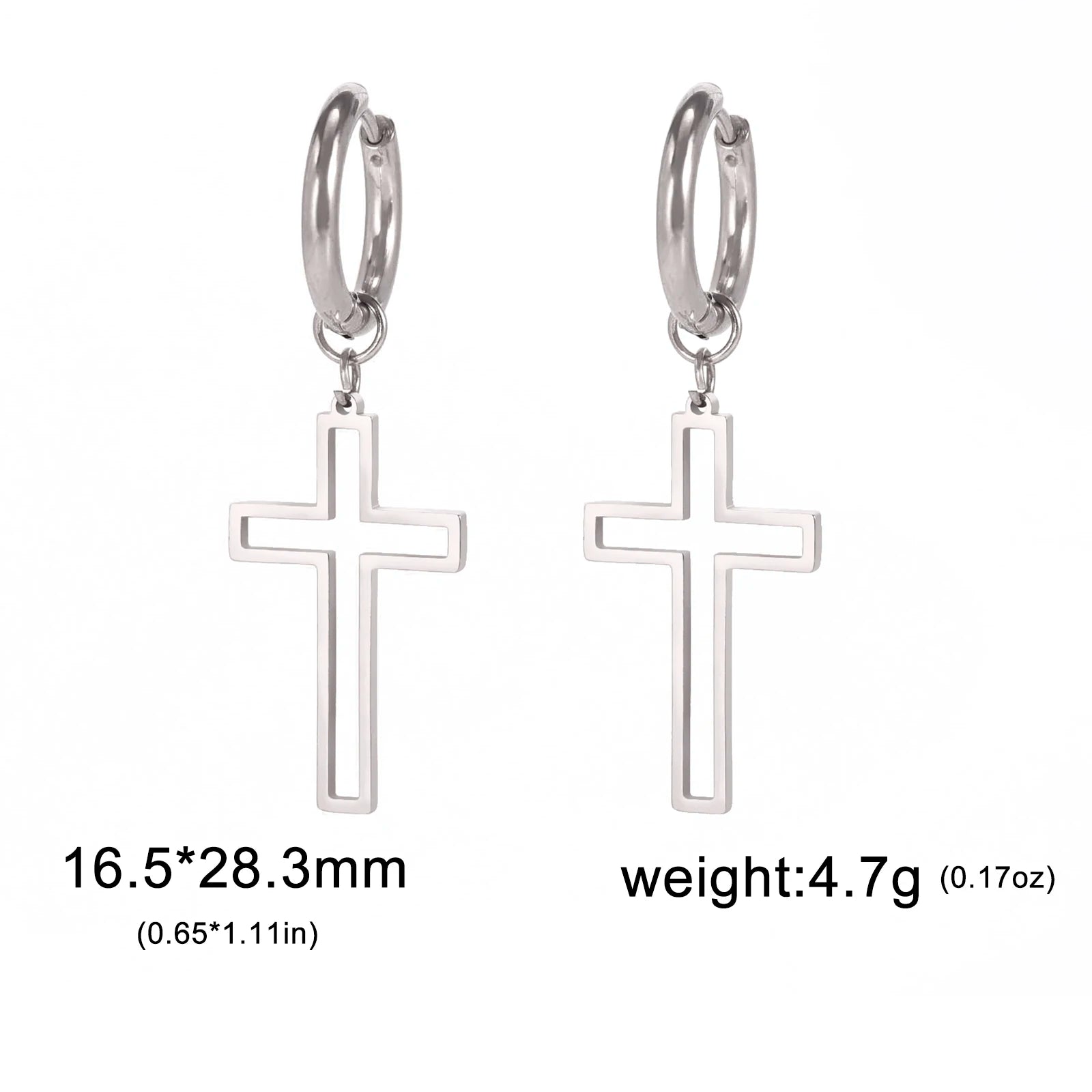 Silver cross earrings with measurements and weight on a white background