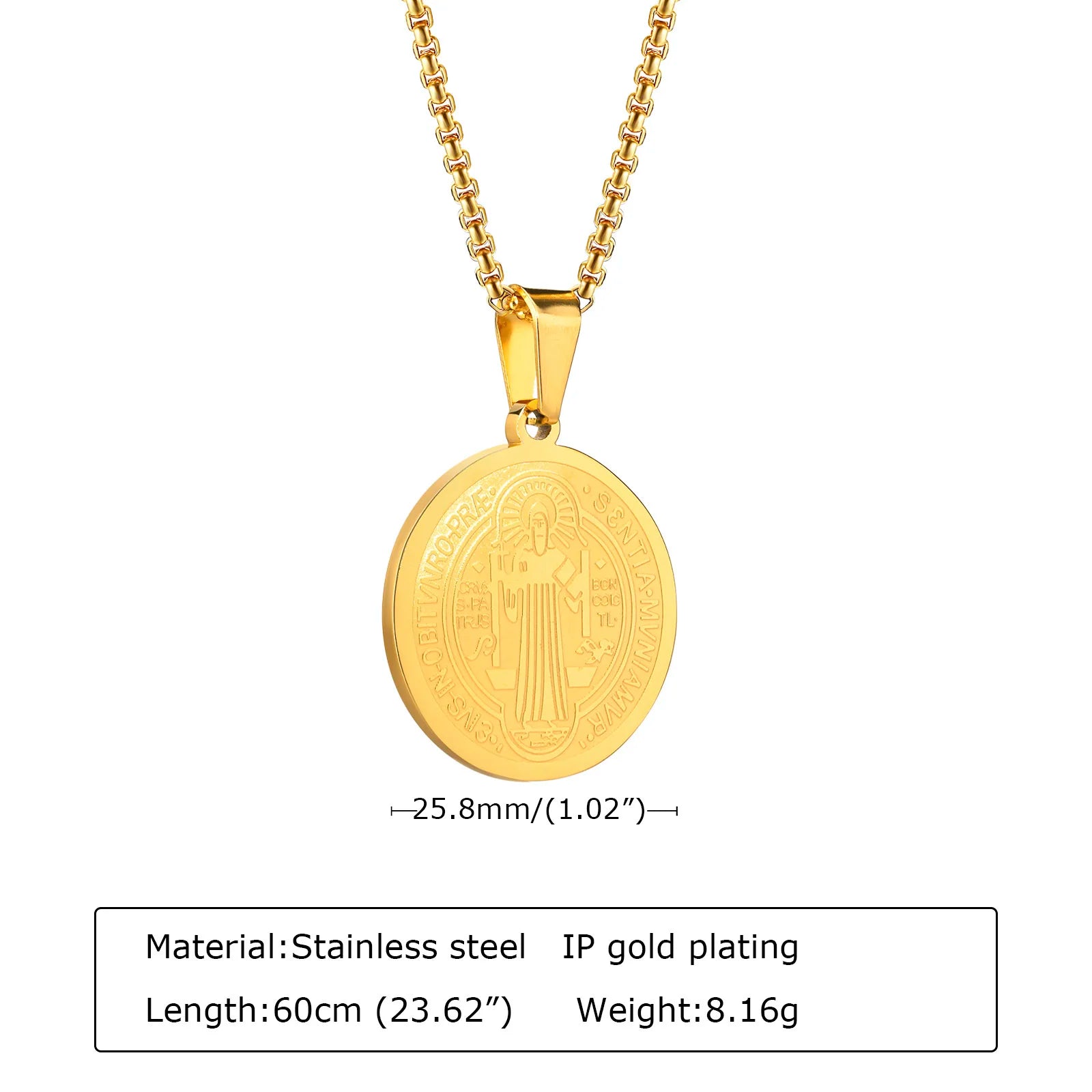 Gold necklace with a round pendant on a white background
