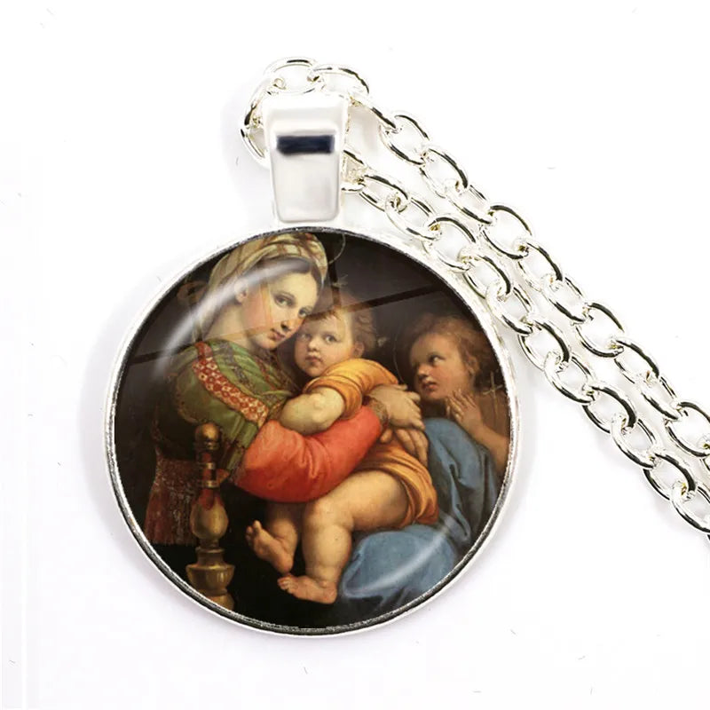 Necklace with pendant featuring a classical painting of a woman holding a child on a white background