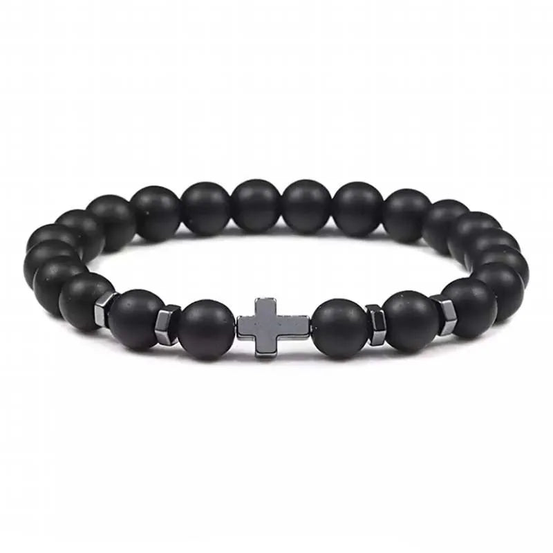 Grounded & Stylish: Natural Stone Cross Beaded Bracelet