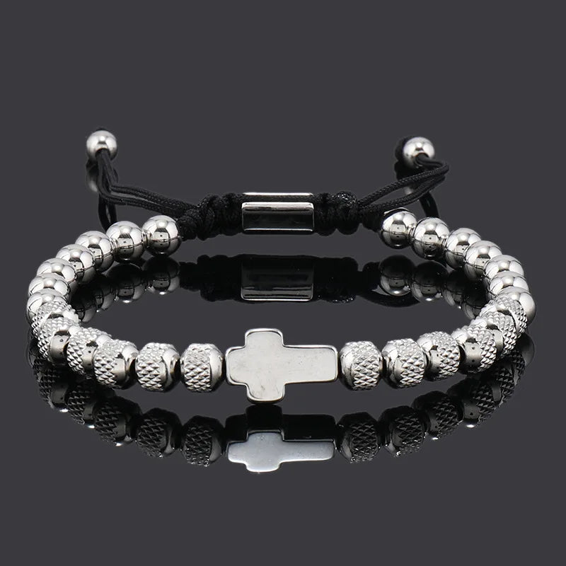 Built Tough: Gold or Silver Tone Cross Charm Bracelet – Stainless Steel Beaded Design