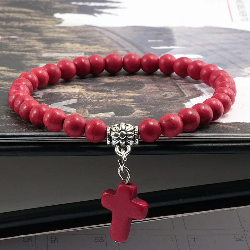 Earthy Vibes: Vintage Cross Natural Stone Beaded Bracelet