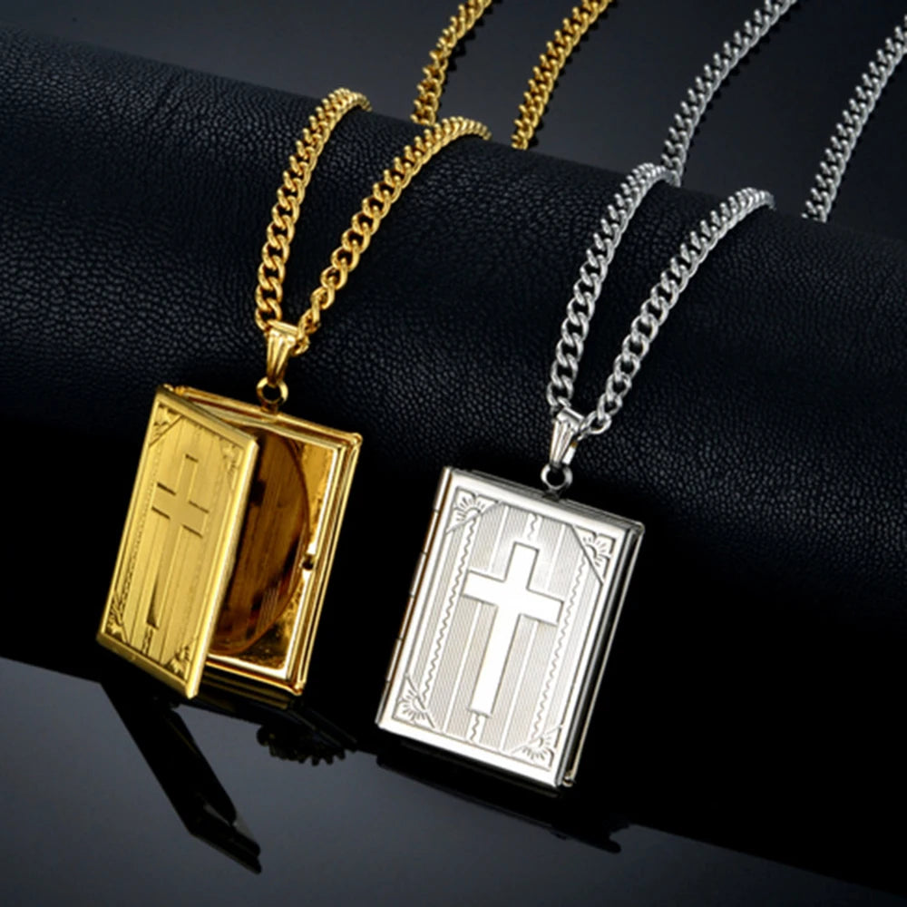 Treasured Faith: Photo Locket Pendant Necklace – Bible Design Stainless Steel