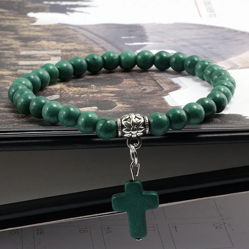 Earthy Vibes: Vintage Cross Natural Stone Beaded Bracelet