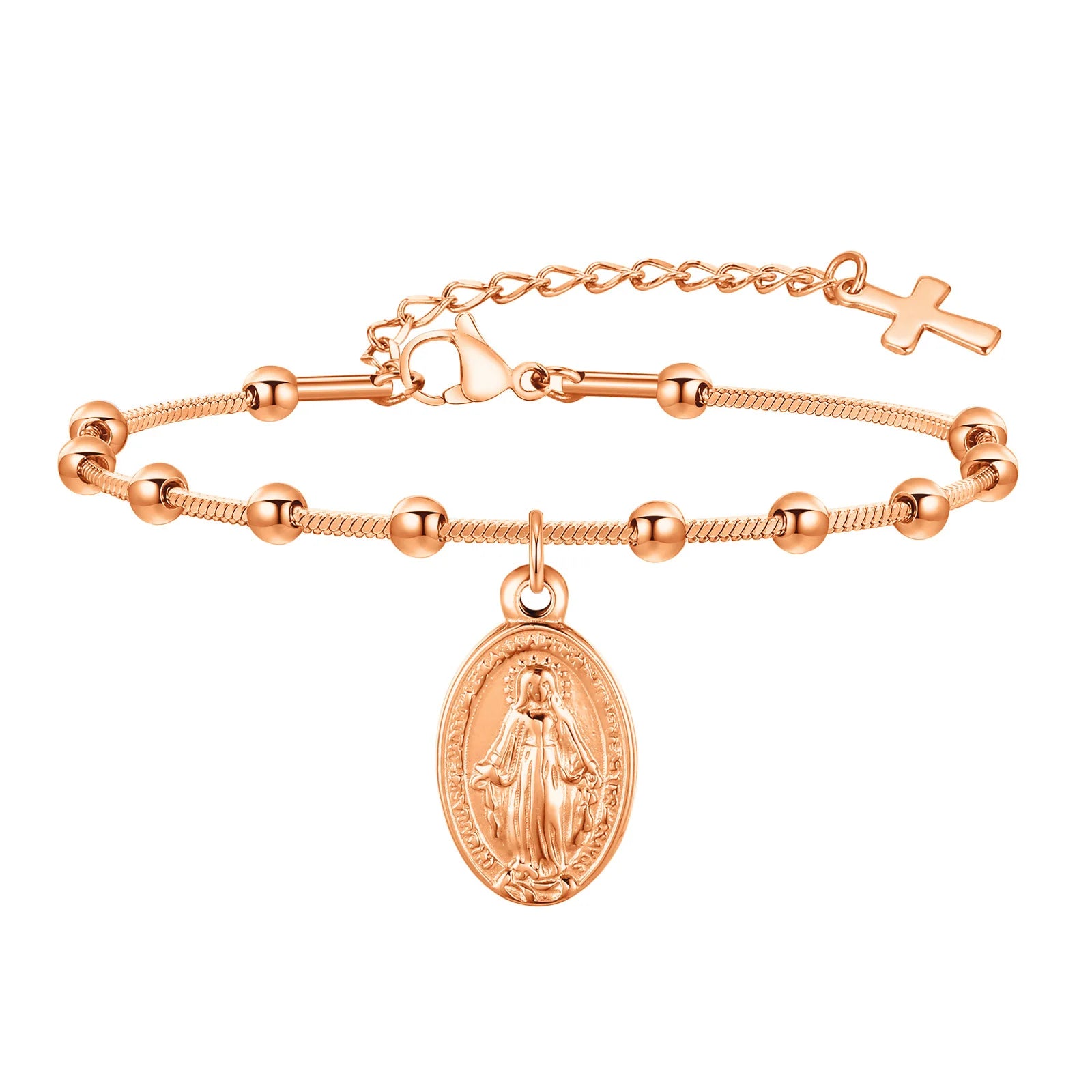 Devotional Elegance: Virgin Mary & Cross Prayer Bracelet – Stainless Steel