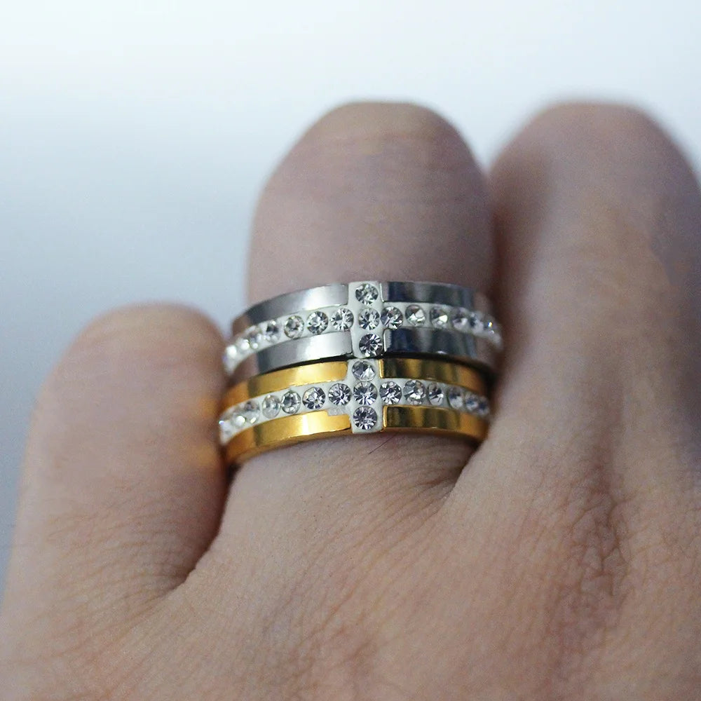 Eternal Bond: Zircon Jesus Cross Ring – Gold-Plated Stainless Steel
