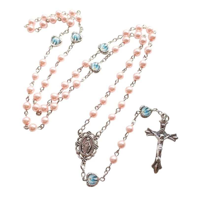 Classic Devotion: Long Pink Pearl Rosary Beads Catholic Necklace