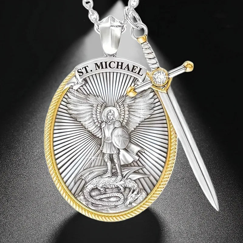 St. Michael pendant with sword on a dark background