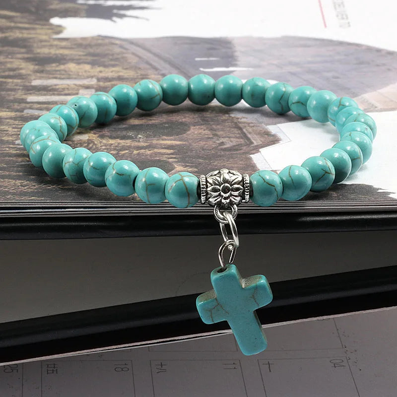 Earthy Vibes: Vintage Cross Natural Stone Beaded Bracelet