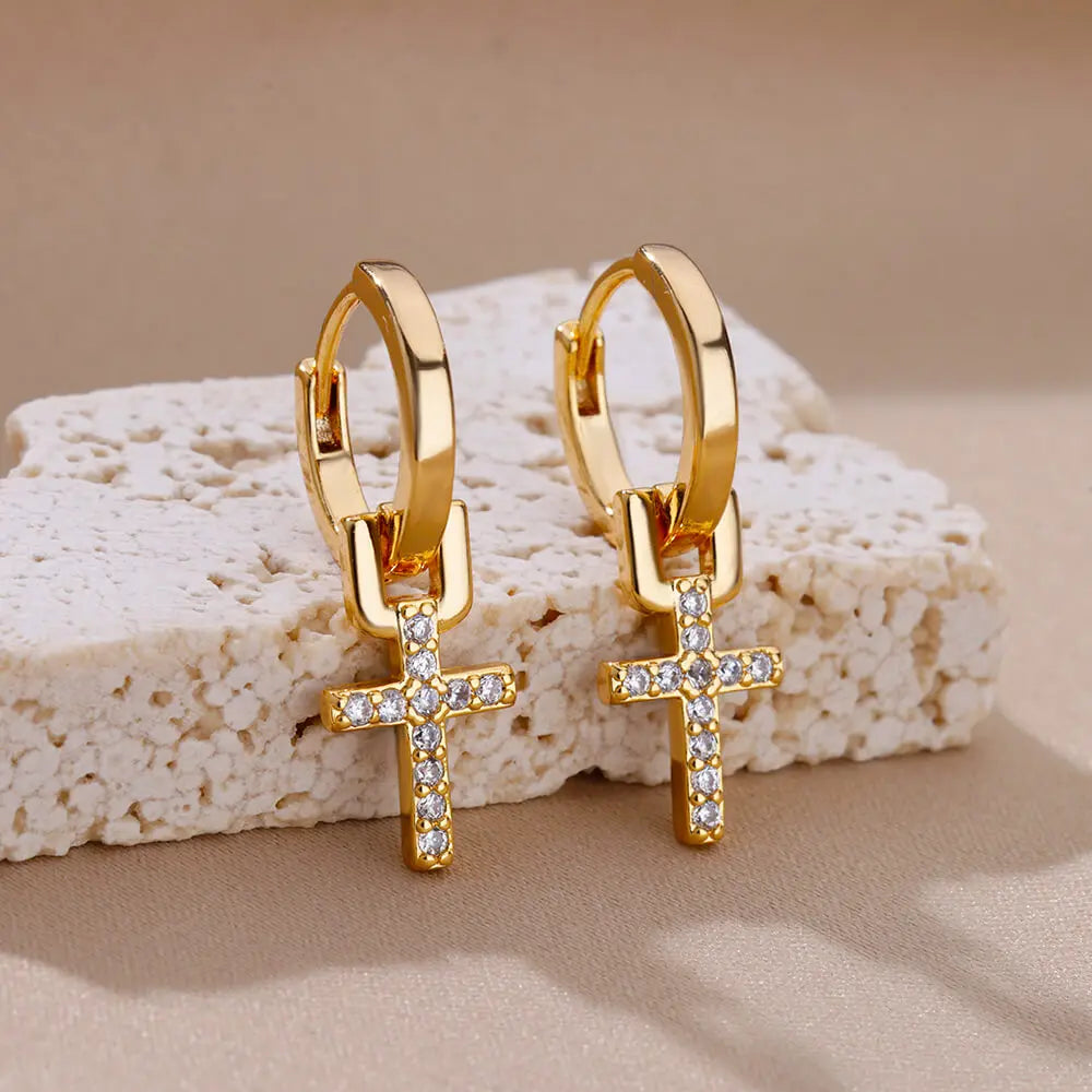 Dazzling Edge: Sleek Zircon Cross Huggie Hoop Earrings – Stainless Steel