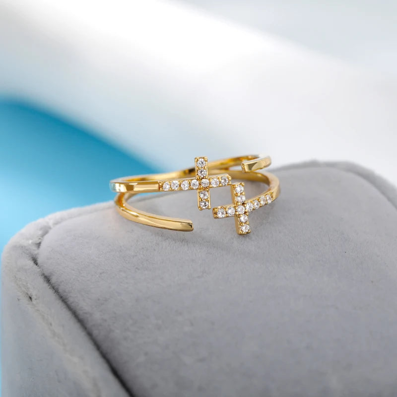 Dual Faith: Zircon Double Cross Adjustable Ring - Stainless Steel