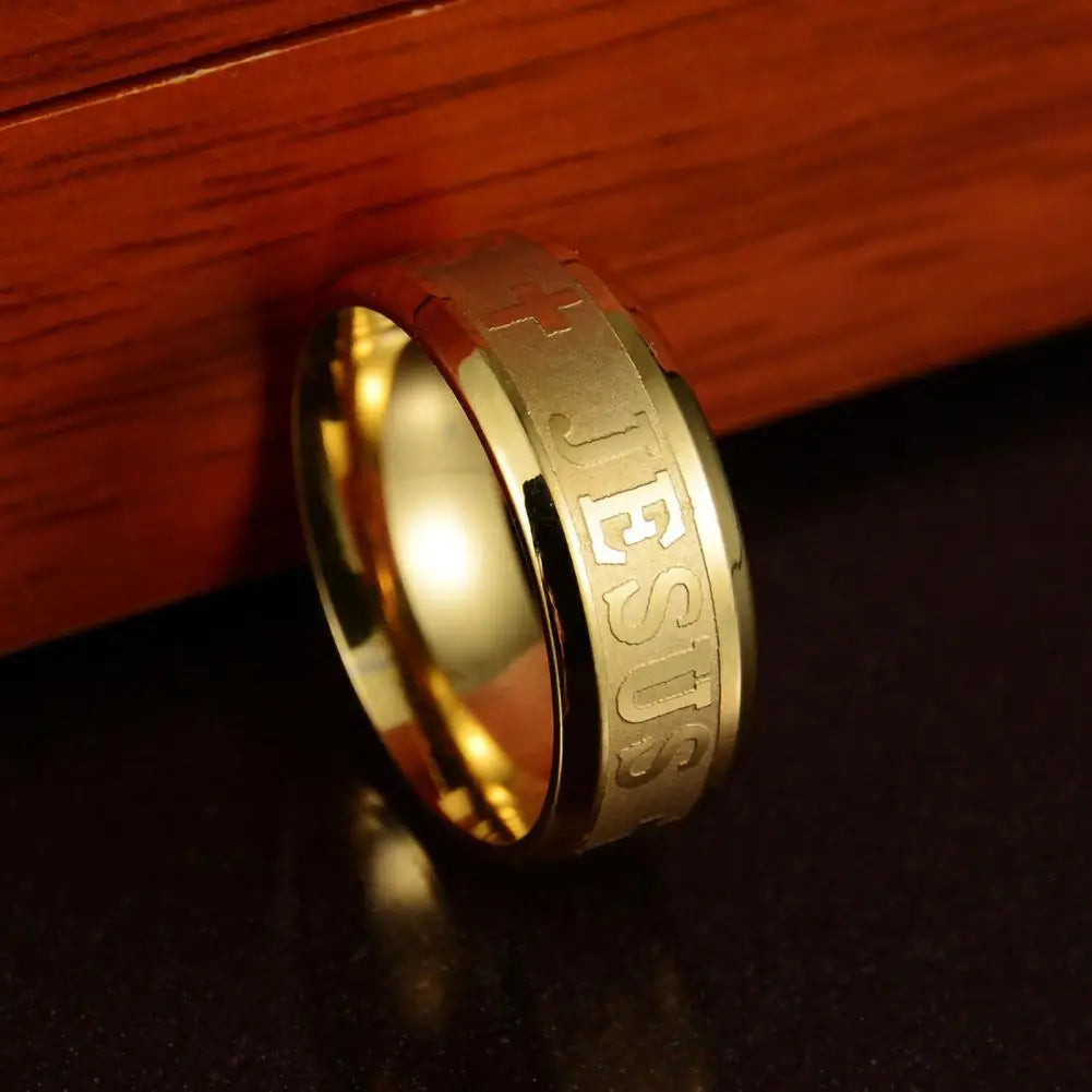 Enduring Word: Engraved 'JESUS' Cross Band Ring – Stainless Steel