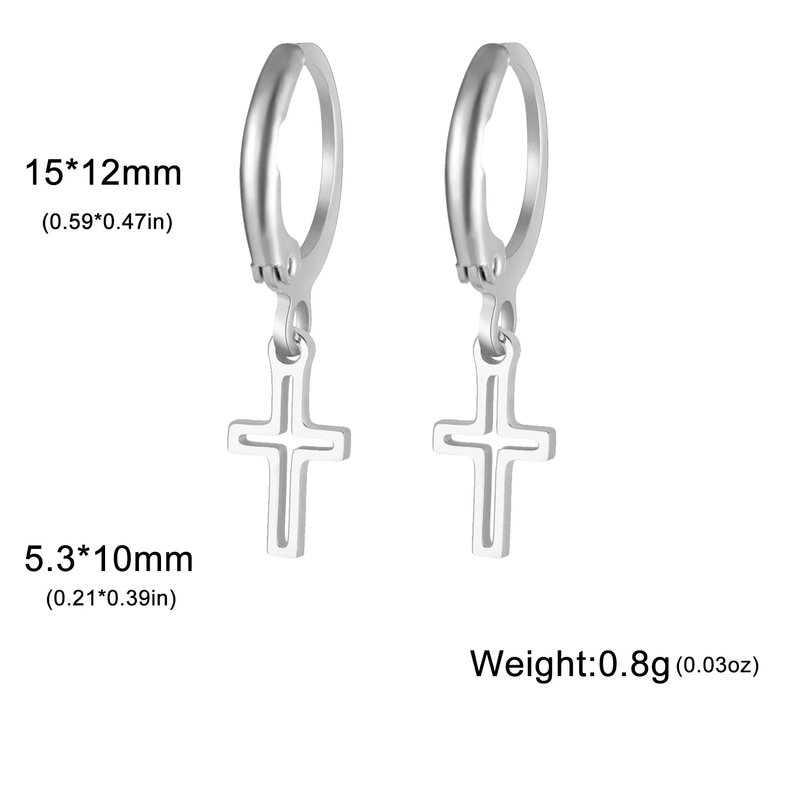 Silver hoop earrings with cross pendants on a white background
