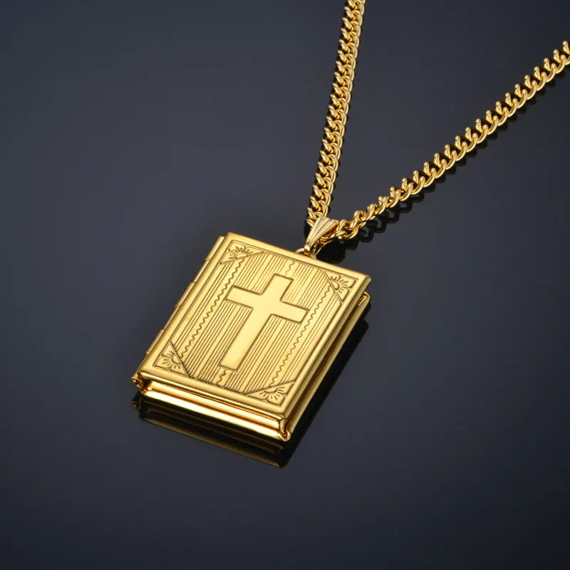 Treasured Faith: Photo Locket Pendant Necklace – Bible Design Stainless Steel