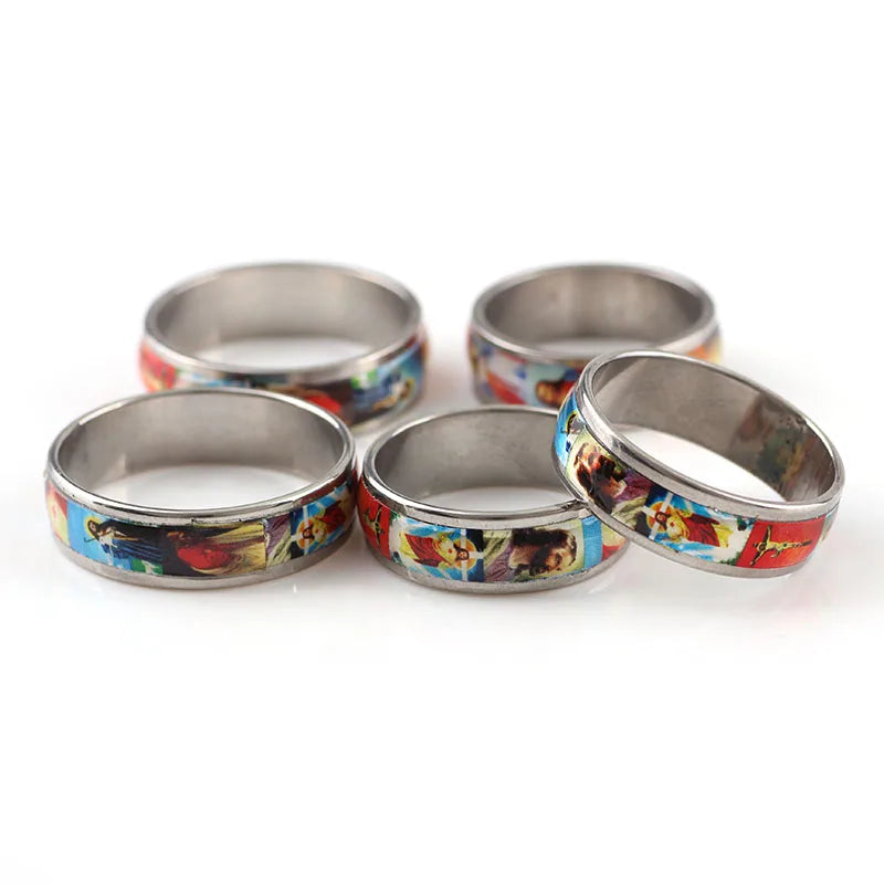 Shared Faith: Stainless Steel Enamel Religious Round Rings (Pair Set)