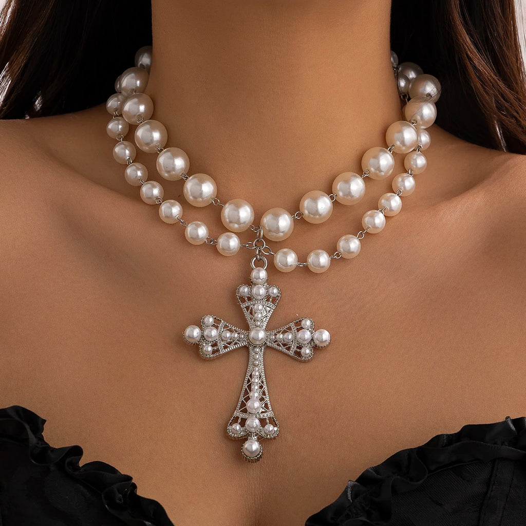 IngeSight.Z Trend Goth Large Cross Pendant Necklace Elegant Charming Imitation Pearl Woman Choker Y2K Neck Jewelry Accessories