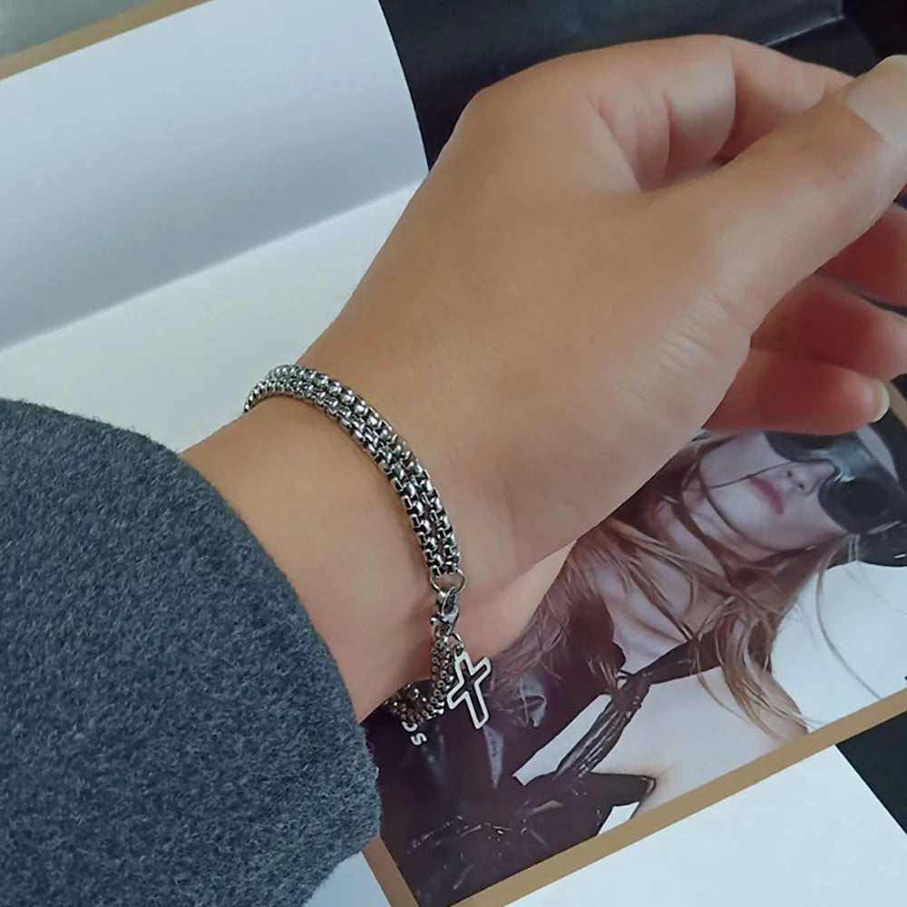 Dual Edge: Double Chain Cross Hollow Charm Bracelet – Stainless Steel