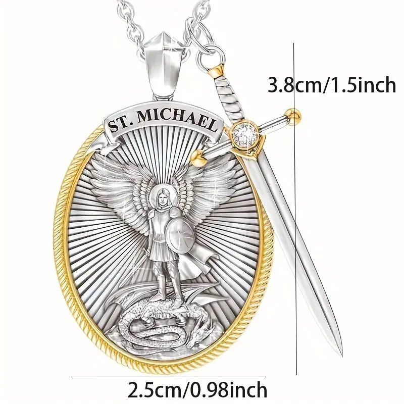 St. Michael pendant with sword and measurements on a white background