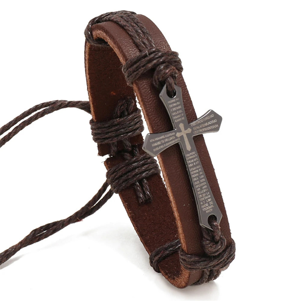 Retro Punk: Cross Faith Bracelet – Braided Leather Adjustable Cuff