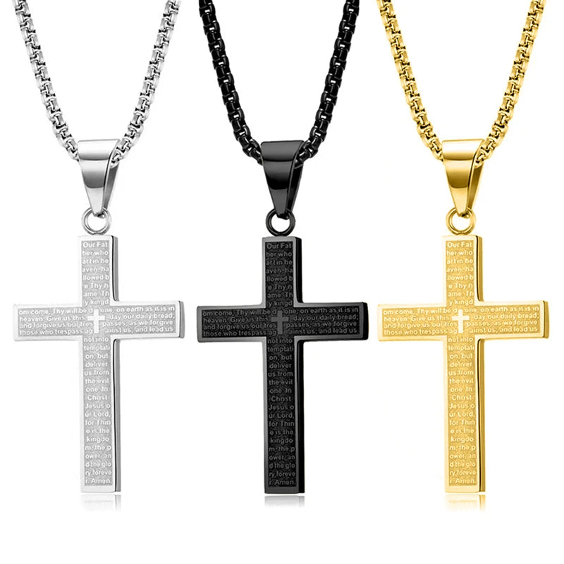 Three cross necklaces in silver, black, and gold on white background