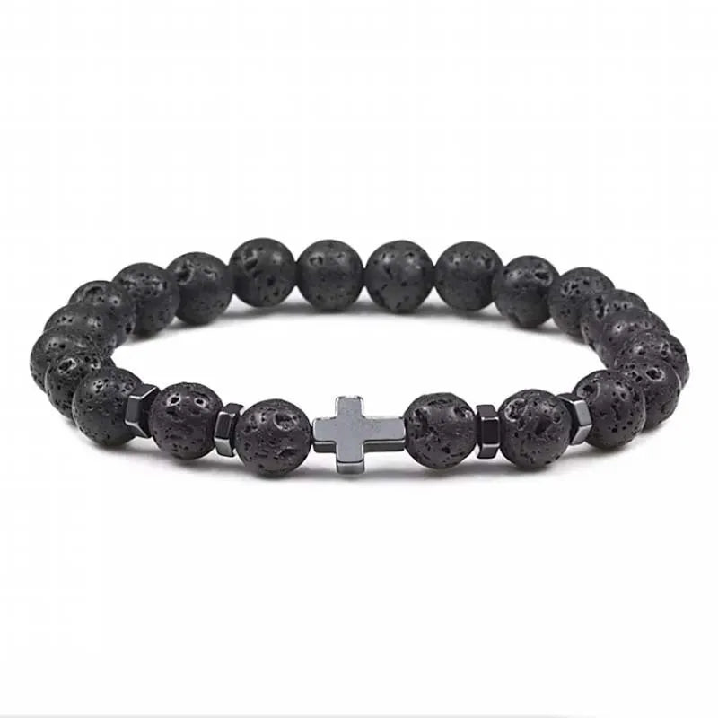 Grounded & Stylish: Natural Stone Cross Beaded Bracelet