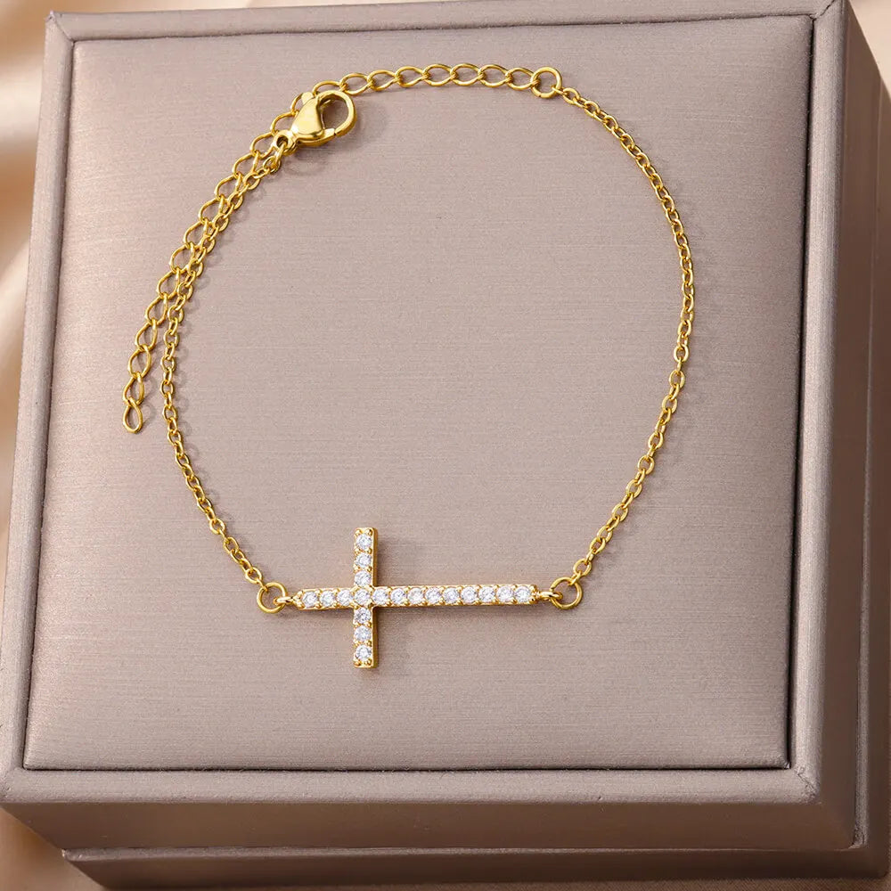Radiant Devotion: Crystal Cross Bracelet Collection – Stainless Steel