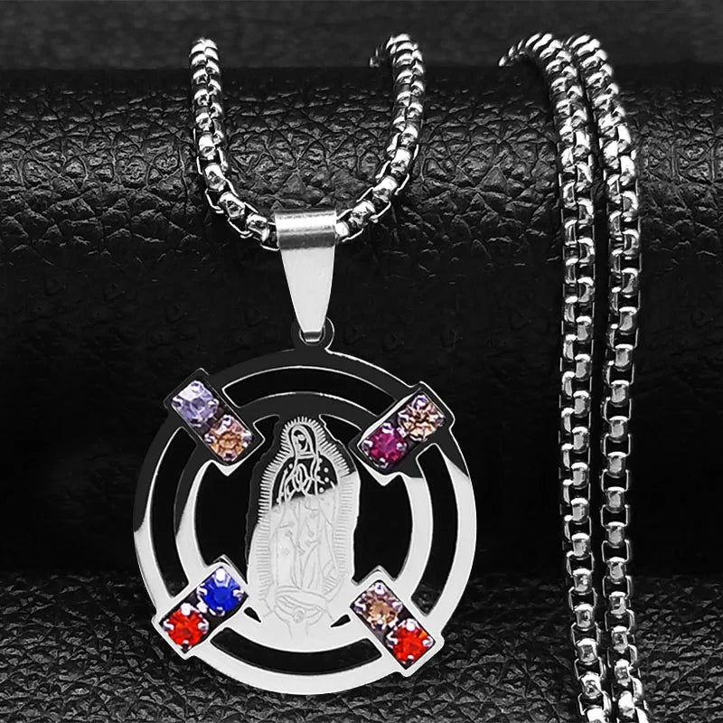 Silver pendant with colourful gemstones, with chain