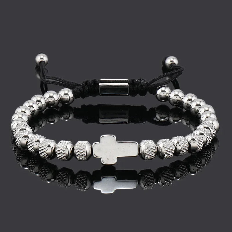 Built Tough: Gold or Silver Tone Cross Charm Bracelet – Stainless Steel Beaded Design
