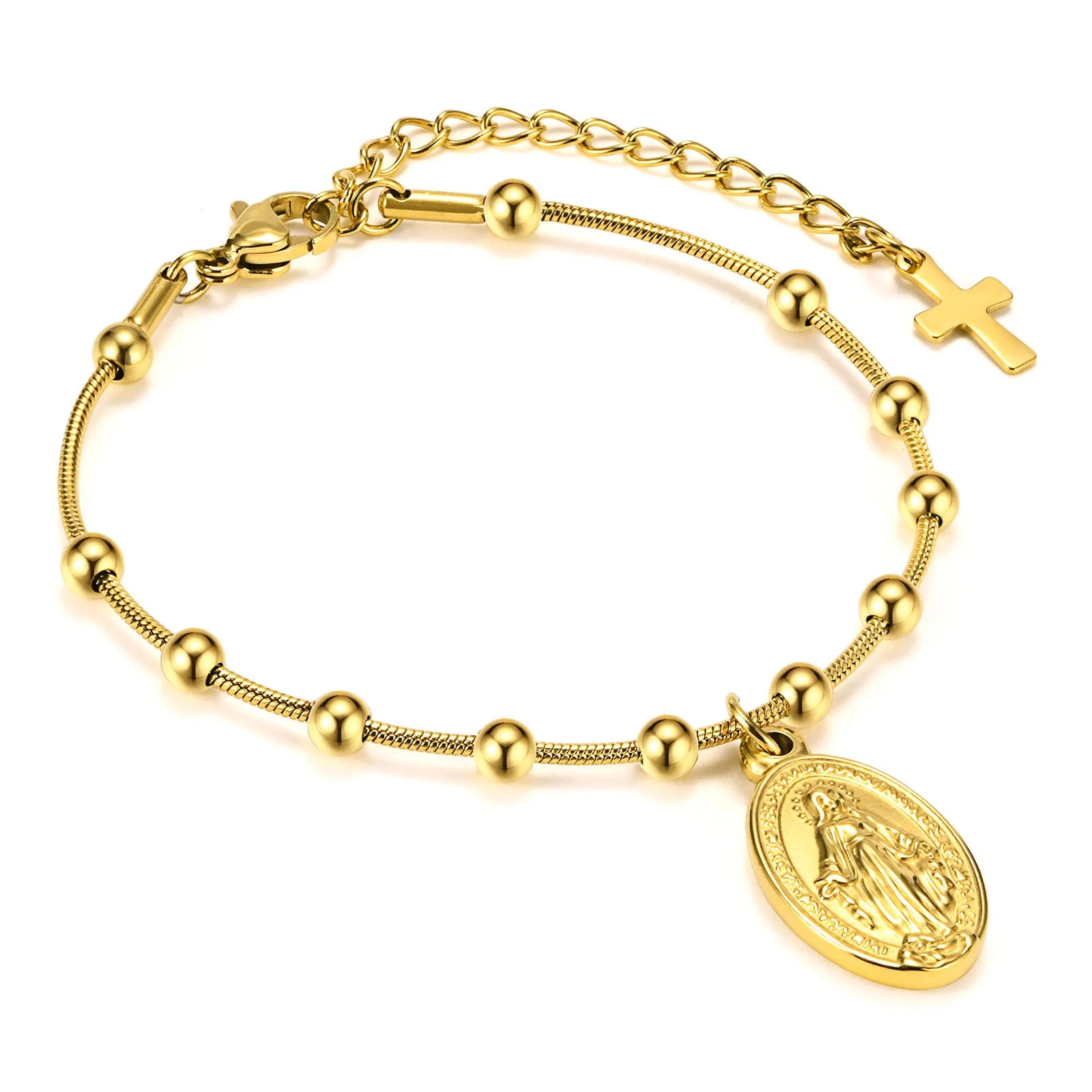 Devotional Elegance: Virgin Mary & Cross Prayer Bracelet – Stainless Steel