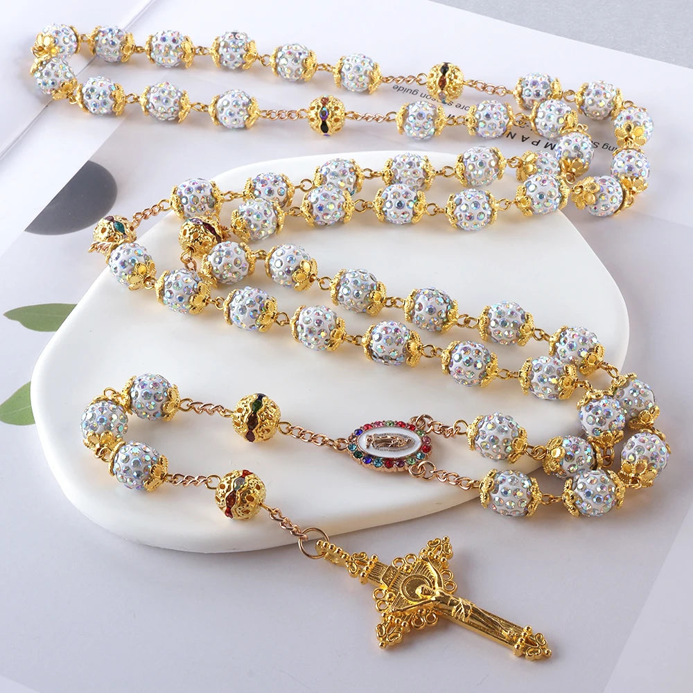 Silver beaded rosary with gold accents - crystal rhinestone Catholic rosary necklace with gold Virgin Mary medal and crucifix – full 59-bead five-decade rosary