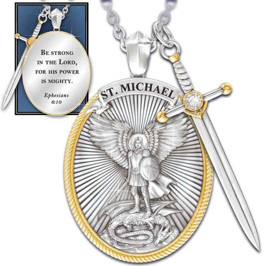 St. Michael pendant with sword and shield design, featuring a motivational quote on a white background.