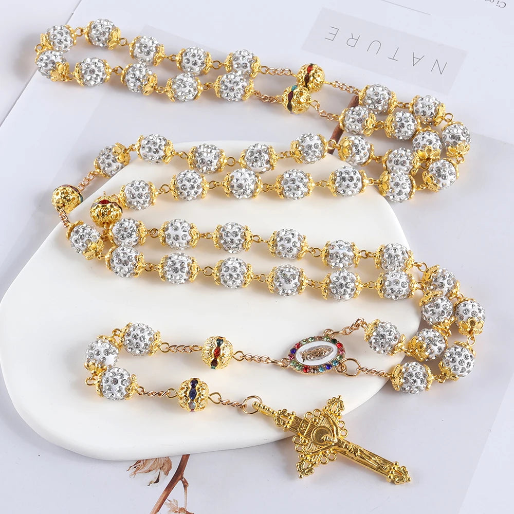 White beaded rosary with gold accents - crystal rhinestone Catholic rosary necklace with gold Virgin Mary medal and crucifix – full 59-bead five-decade rosary