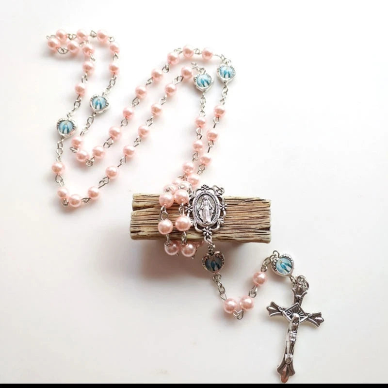 Classic Devotion: Long Pink Pearl Rosary Beads Catholic Necklace