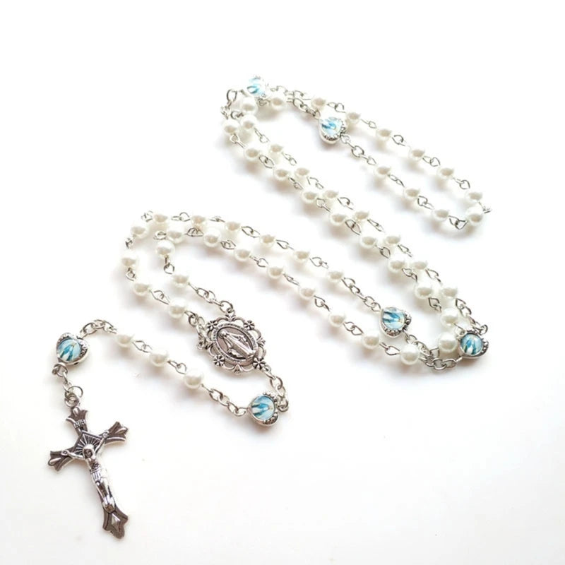 Classic Devotion: Long Pink Pearl Rosary Beads Catholic Necklace
