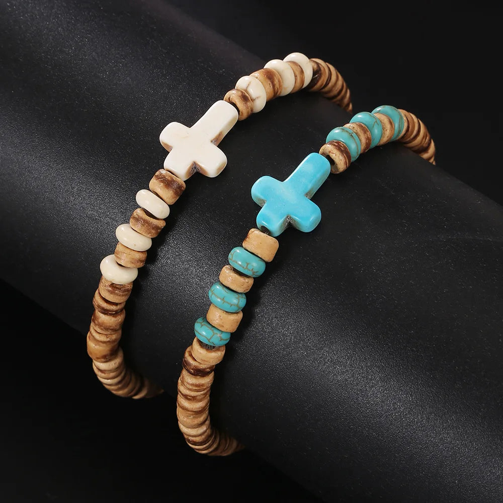 Bohemian Spirit: Handmade Coconut Shell &amp; Wood Cross Bracelet