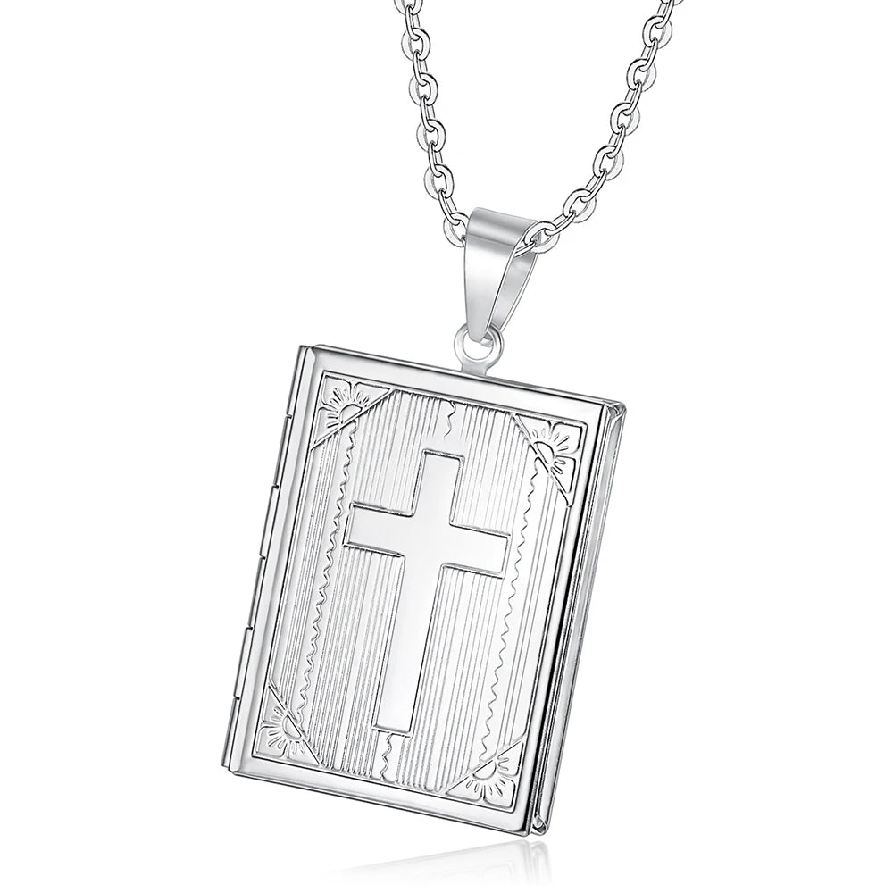 Treasured Faith: Photo Locket Pendant Necklace – Bible Design Stainless Steel